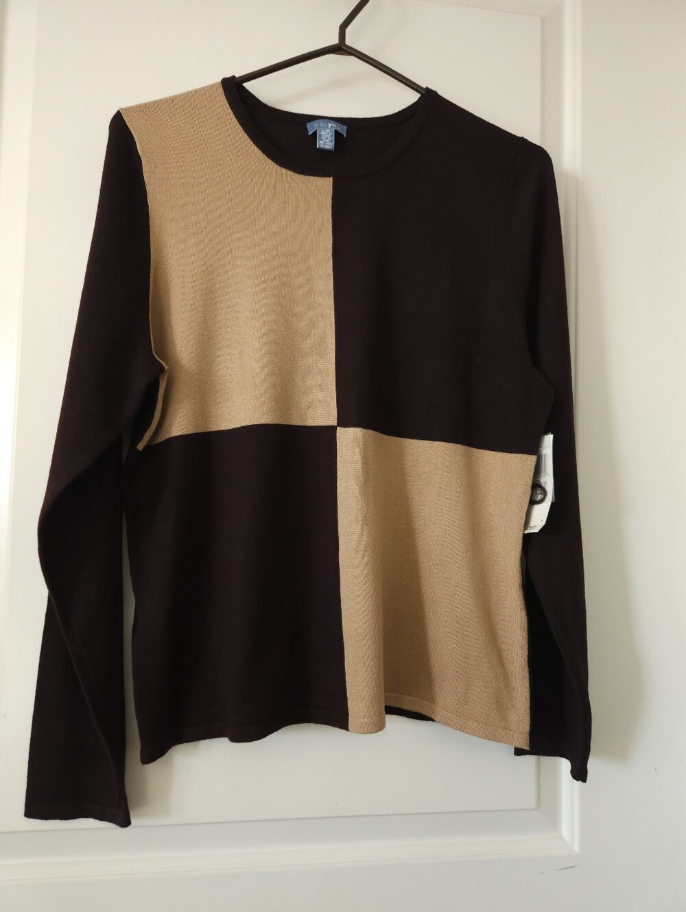 Très You Brown & Tan Colorblock Long Sleeve Knit Sweater - Size Large